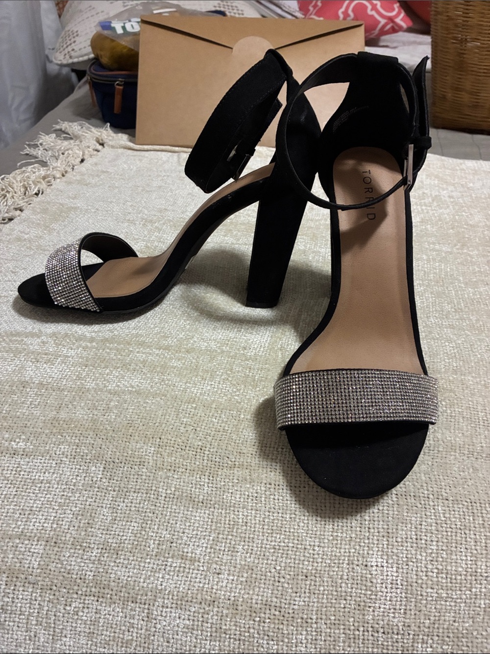 torrid Black Rhinestone Strap ankle strap Block Heels, size 9 wide